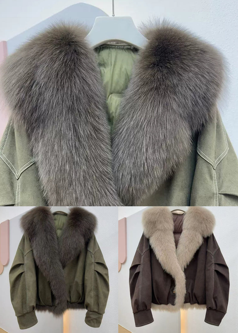 Loose Army Green Fur Collar Patchwork Fine Cotton Winter Coats Winter