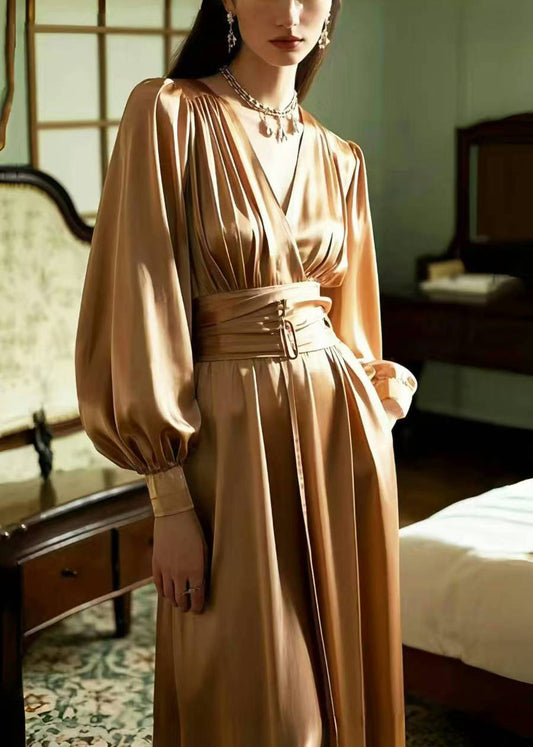Caramel Cinched Ice Silk Long Dress Spring