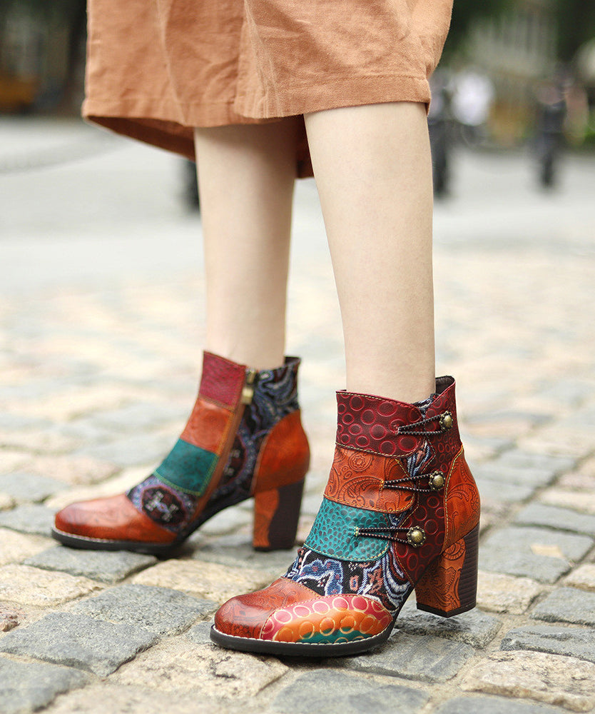 Brown Embossed Splicing Chunky Heel Boots
