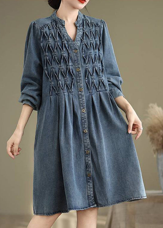 Blue Stand Collar Button Long Dress Lantern Sleeve