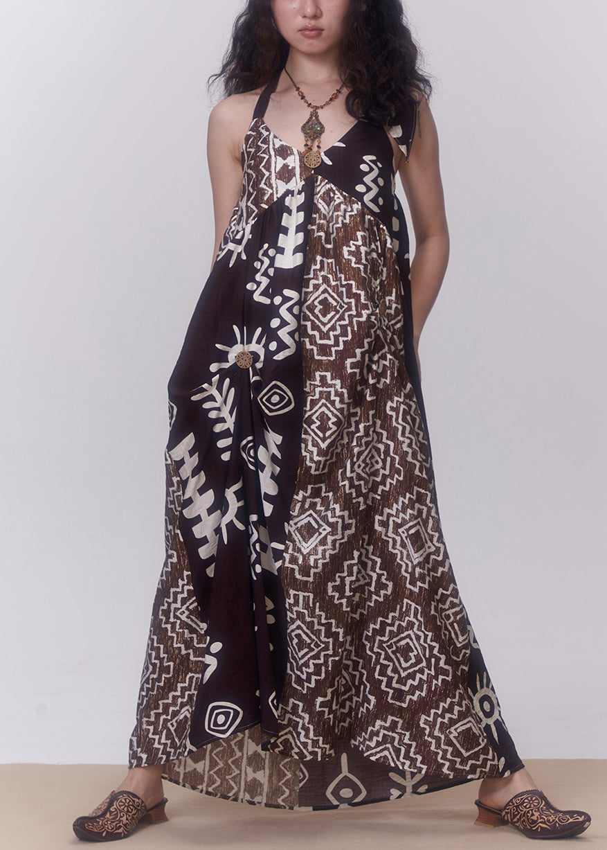 Coffee Backless Print Patchwork Cotton Spaghetti Strap Dress Sleeveless