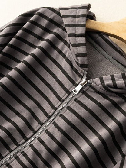 100% Natural Material Striped Zipper Literary Retro Hoodie Coat