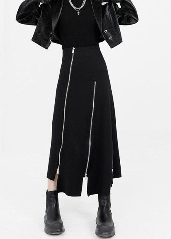 Black Asymmetrical Zippered Cotton Skirts Summer