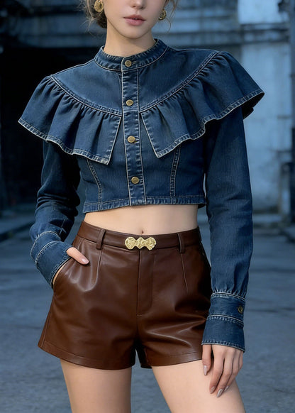 Blue Ruffled Patchwork Denim Short Top Spring