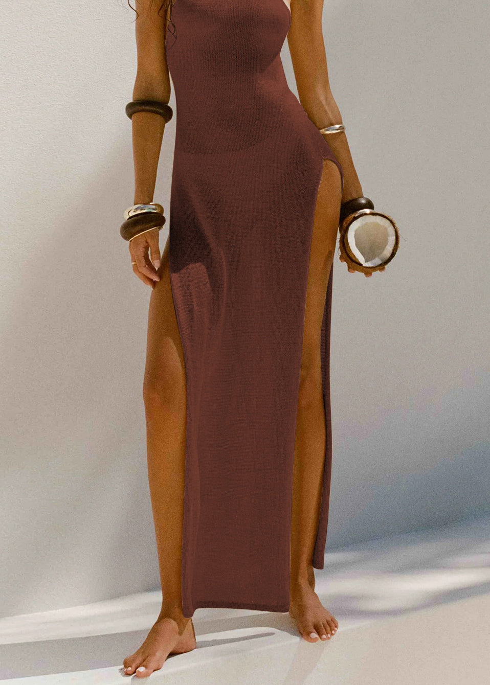 Stylish Khaki Backless Side Open Knit Long Dresses Sleeveless
