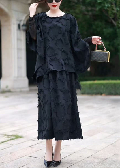 Loose Black O Neck Tops and Skirts Cotton Sets 2 Pieces Spring