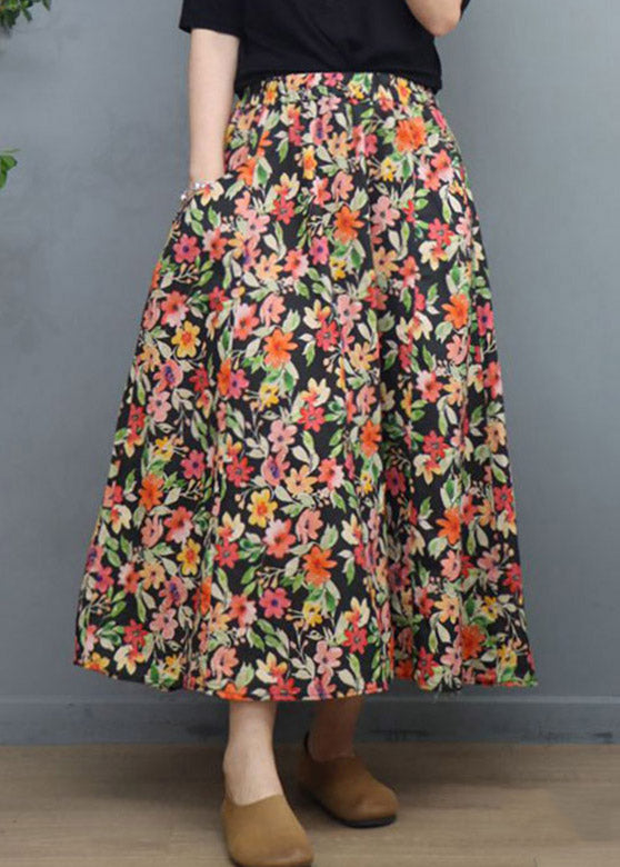 Natural Black Print Elastic Waist Linen a Line Skirt