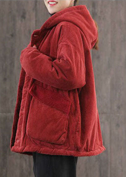 Red Hooded Pockets Fine Cotton Filled Corduroy Parka Jacket Winter
