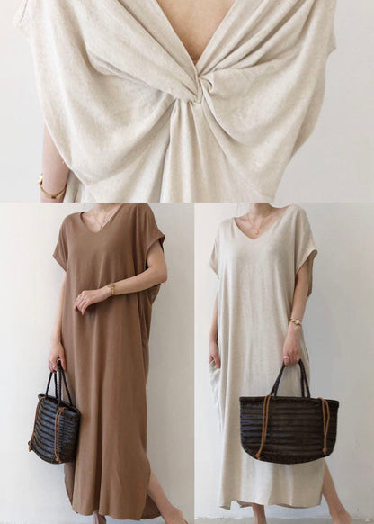 Coffee Side Open Cotton Short Sleeve Long Dresses