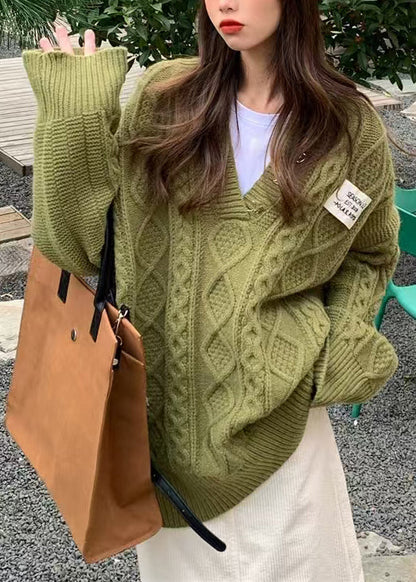 Loose Green V Neck Thick Cable Knit Sweater Tops Fall