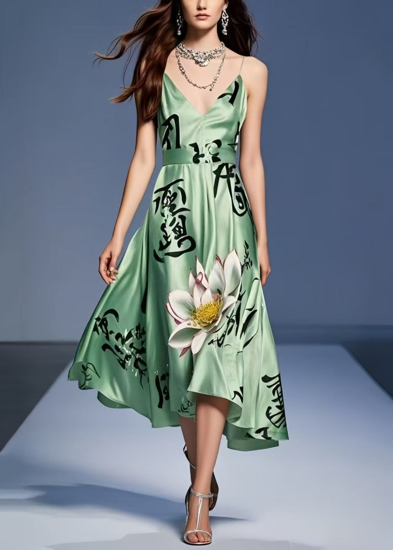 Tea Green Print Silk Spaghetti Strap Dress Summer