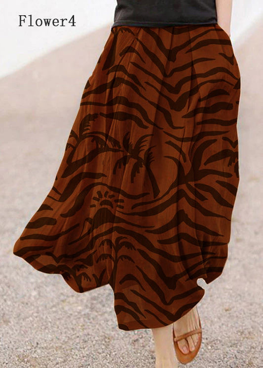 Retro Chocolate-flower4 Print Pockets Linen Skirt Summer