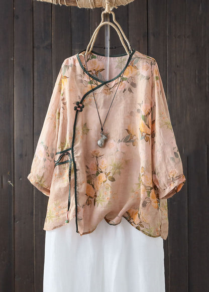 Khaki V Neck Print Button Patchwork Linen Shirts Summer