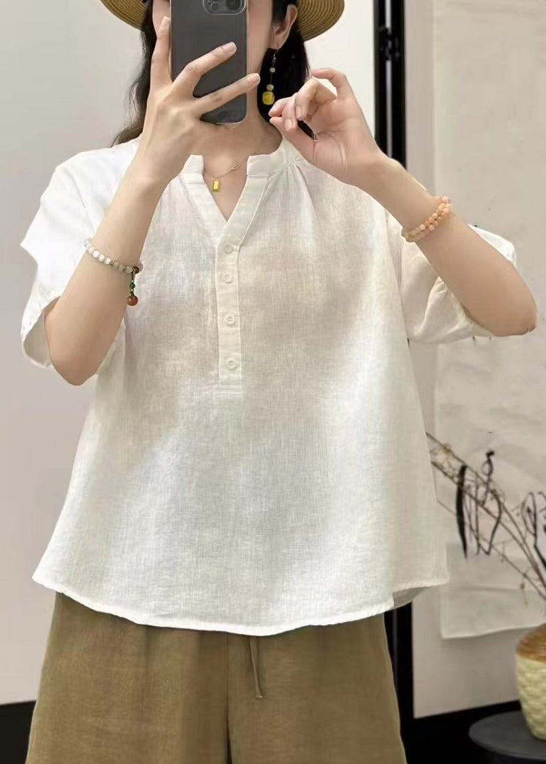 White Button Linen Summer Shirts V Neck