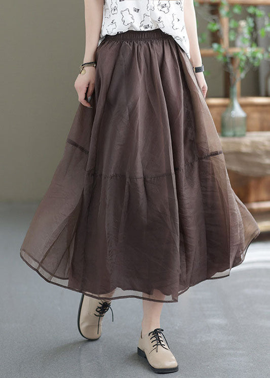 Classy Coffee Elastic Waist Patchwork Organza a Line Skirt Summer