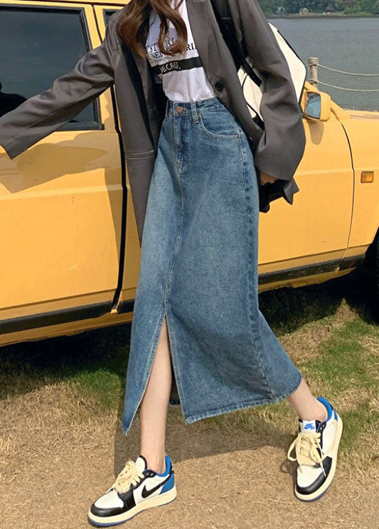 Denim Blue High Waist Side Open Cotton a Line Skirt Summer