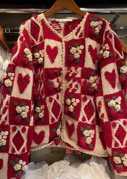 Red O Neck Button Patchwork Knit Cardigan Long Sleeve