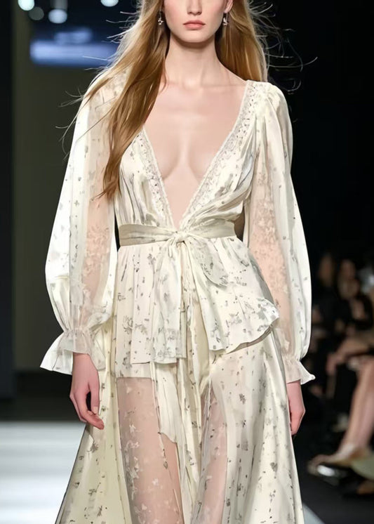 Apricot Deep-v Print Silk Holiday Dress Summer