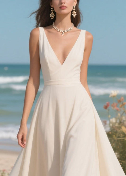 White V Neck Exra Large Hem Draping Chiffon Dresses Summer