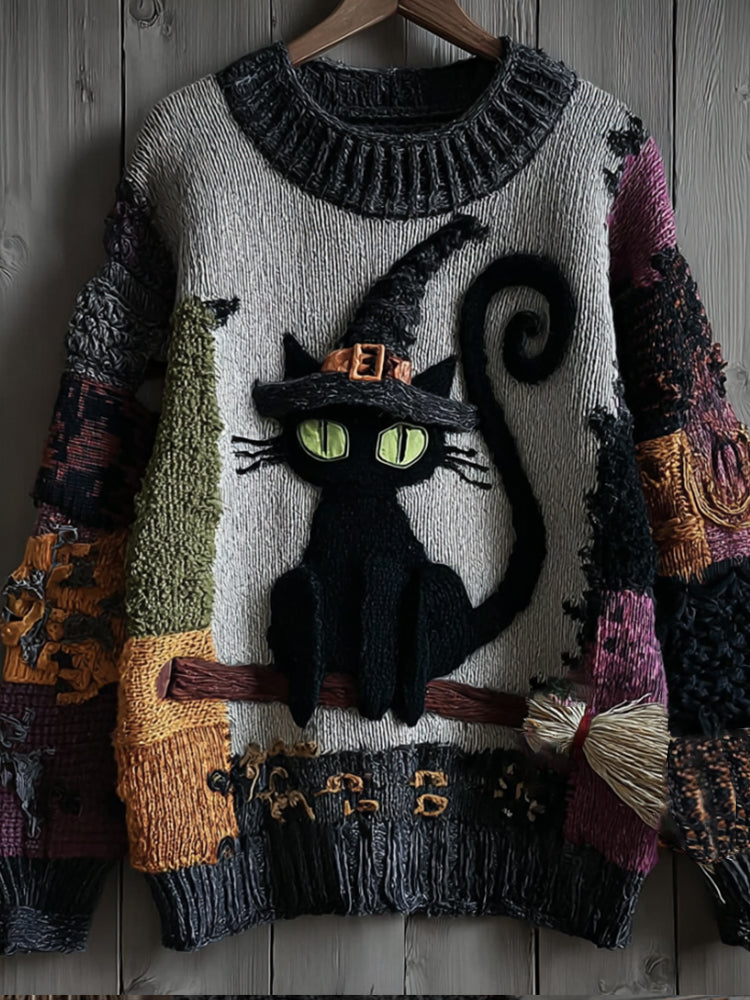 Halloween Witch Cat Multi-colored Atmosphere Vintage Warm Sweater elevenforest