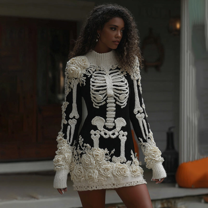Comstylish Women's Halloween Skeleton Bones Leather With Rose Cozy Knit Mini Sweater Dress
