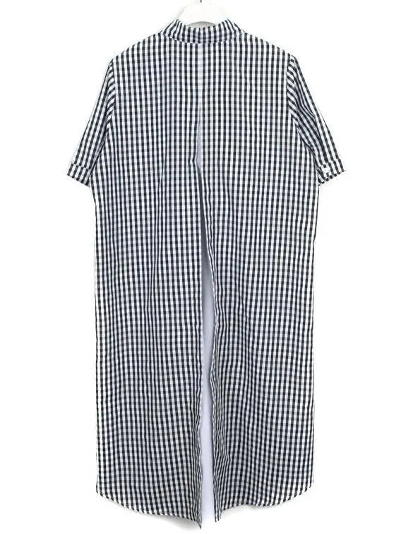 French Black White Plaid Cotton Clothes Lapel Low High Design Cotton Dress