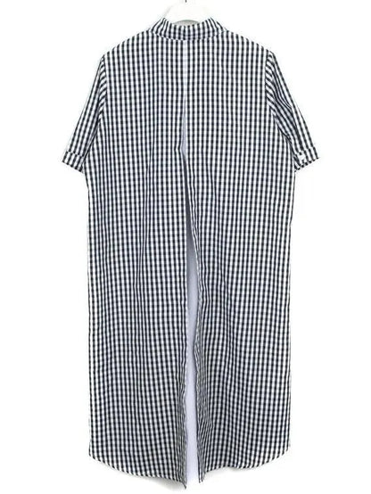 French Black White Plaid Cotton Clothes Lapel Low High Design Cotton Dress