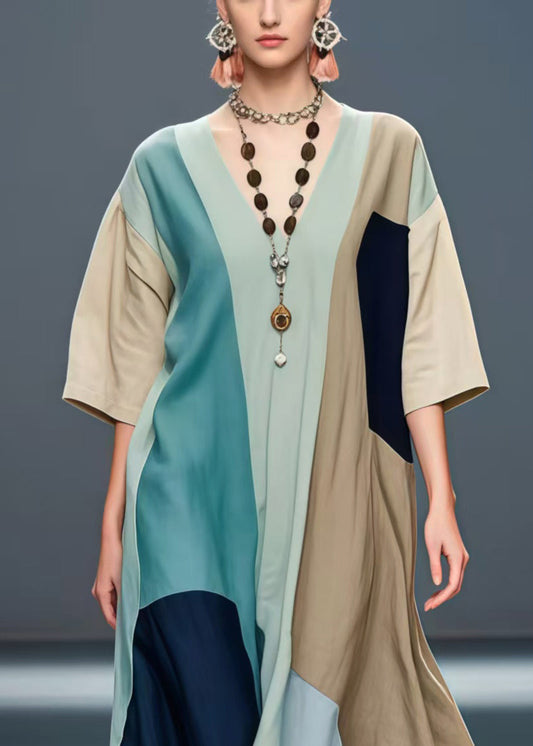 Stylish Asymmetrical Patchwork Cotton Robe Dresses Summer