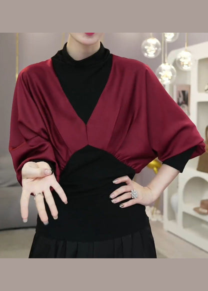 Mulberry Hign Neck Wrinkled Patchwork Silk Shirt Tops Fall