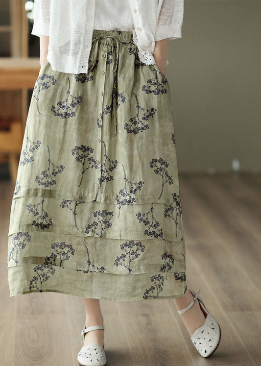 Light Green High Waist Patchwork Print Linen Skirt Summer