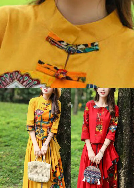 Stylish Yellow O-neck Print Top and Skirts Two Piece Set Fall