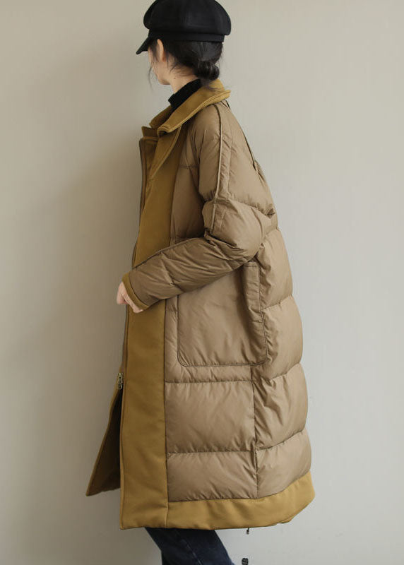 Khaki Peter Pan Collar Patchwork Duck Down Puffer Coat Winter