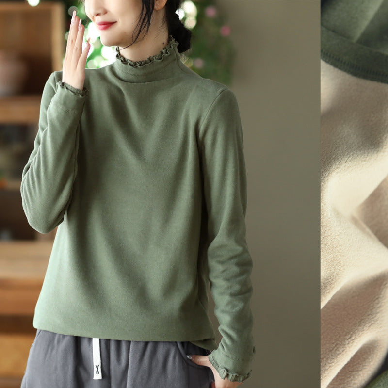 Long-sleeved Plus Fleece T-shirt With Retro Wooden Ears