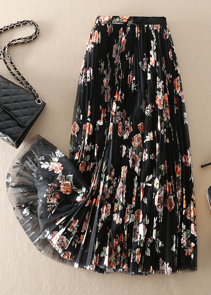 Diy Black Print Tulle Pleated Skirt Spring