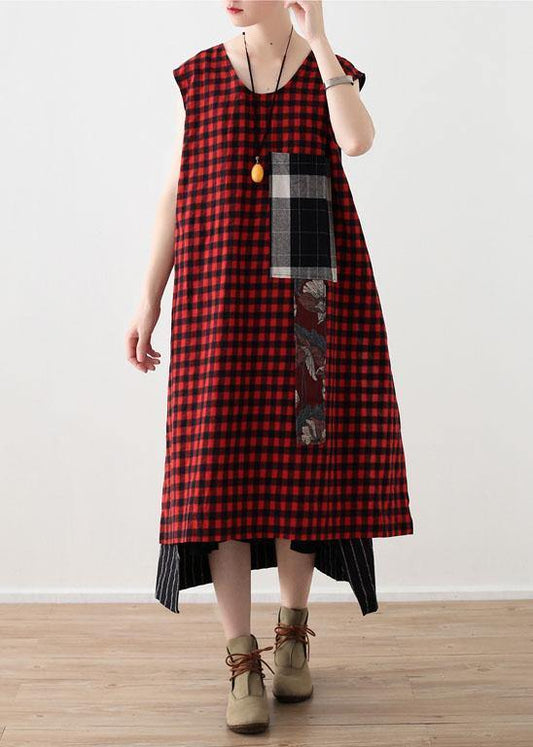 Art Red Plaid Cotton Linen Asymmetrical Design Patchwork Party Dresses