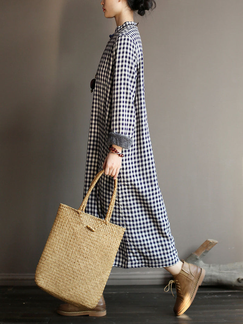 Chinese Style Winter Frog Thick Plaid Robe Dress