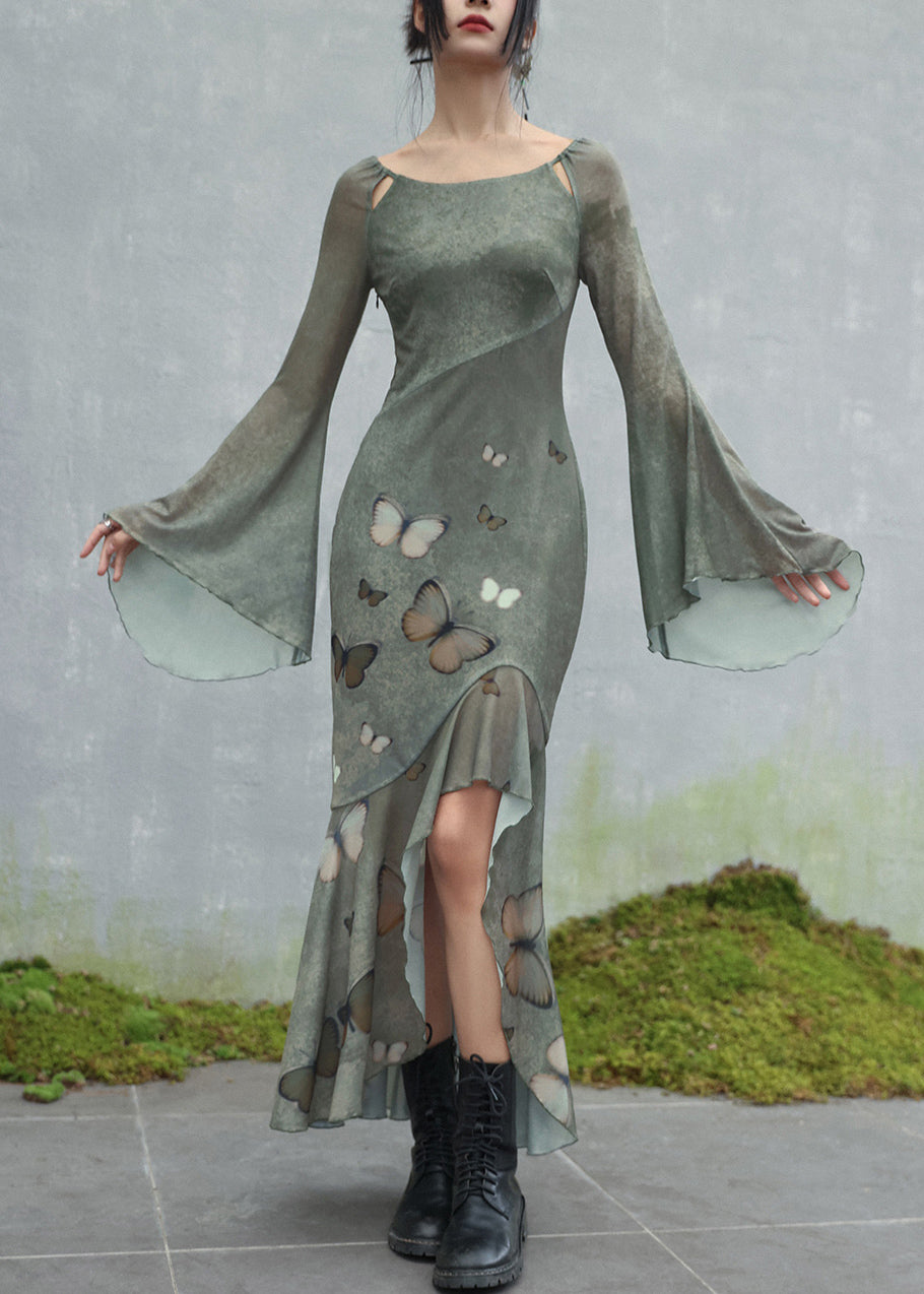 Original Design Green O-neck Butterfly Tulle Maxi Dresses Flare Sleeve