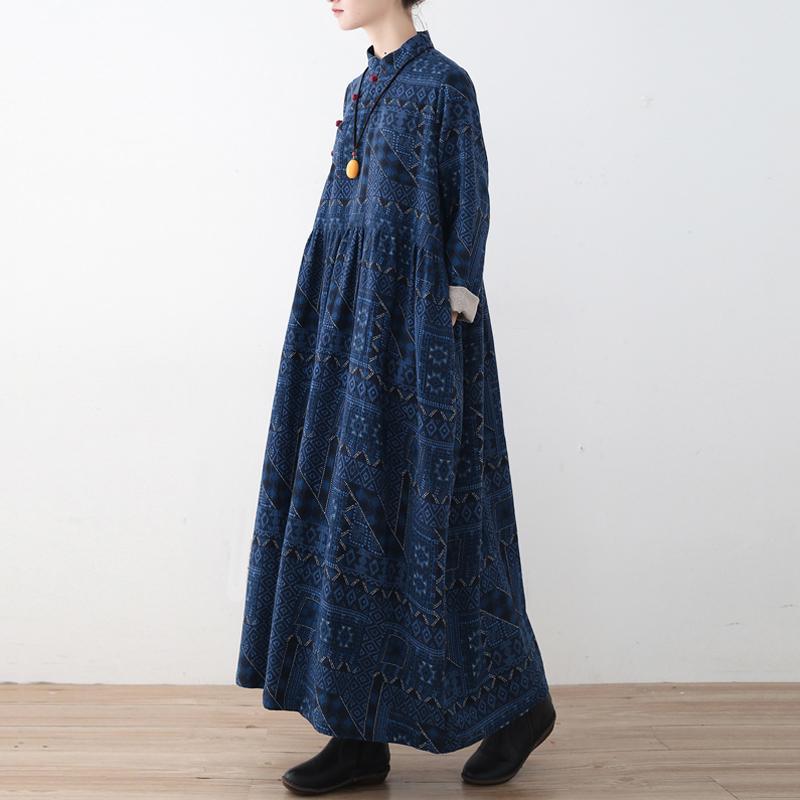 Blue Loose Button Linen Print Dress
