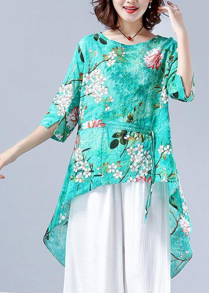 Art O Neck Asymmetric Tunic Pattern Green Plant Printing Dresses Blouses
