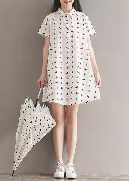 Prints Linen Dress Lapel Collar Linen Gown Fine Shirt Dress