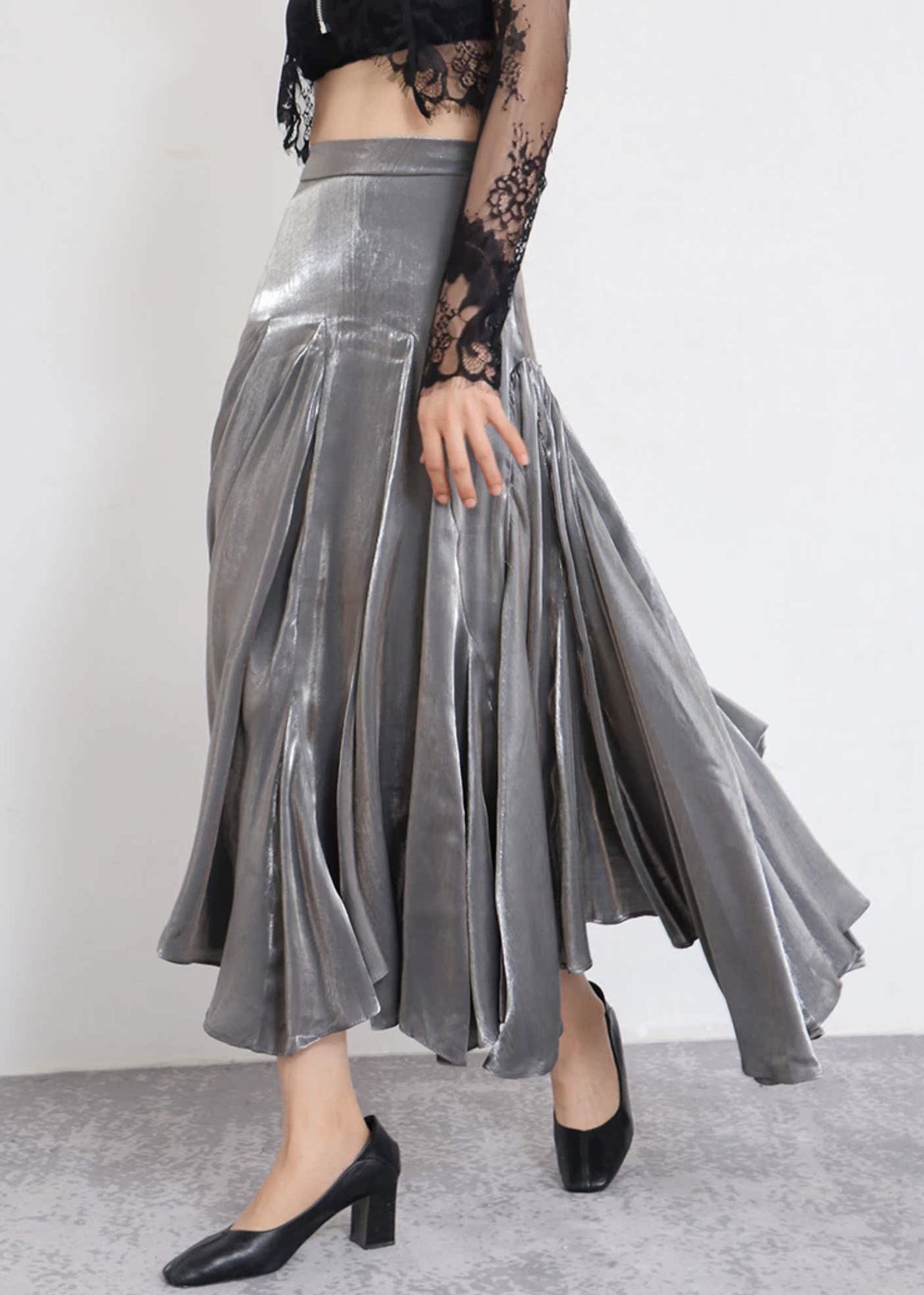 Stylish Grey High Waist Silk Skirt Spring