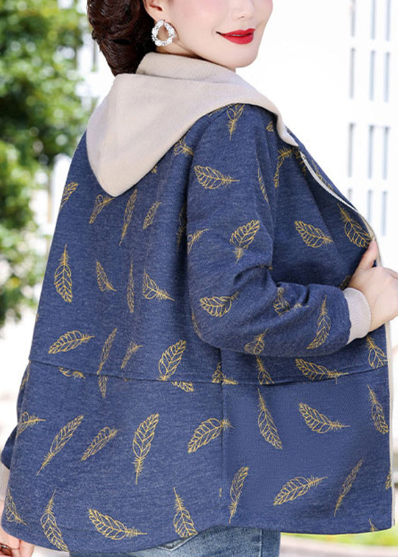 Navy Blue Zippered Patchwork Hoodies Coats Fall