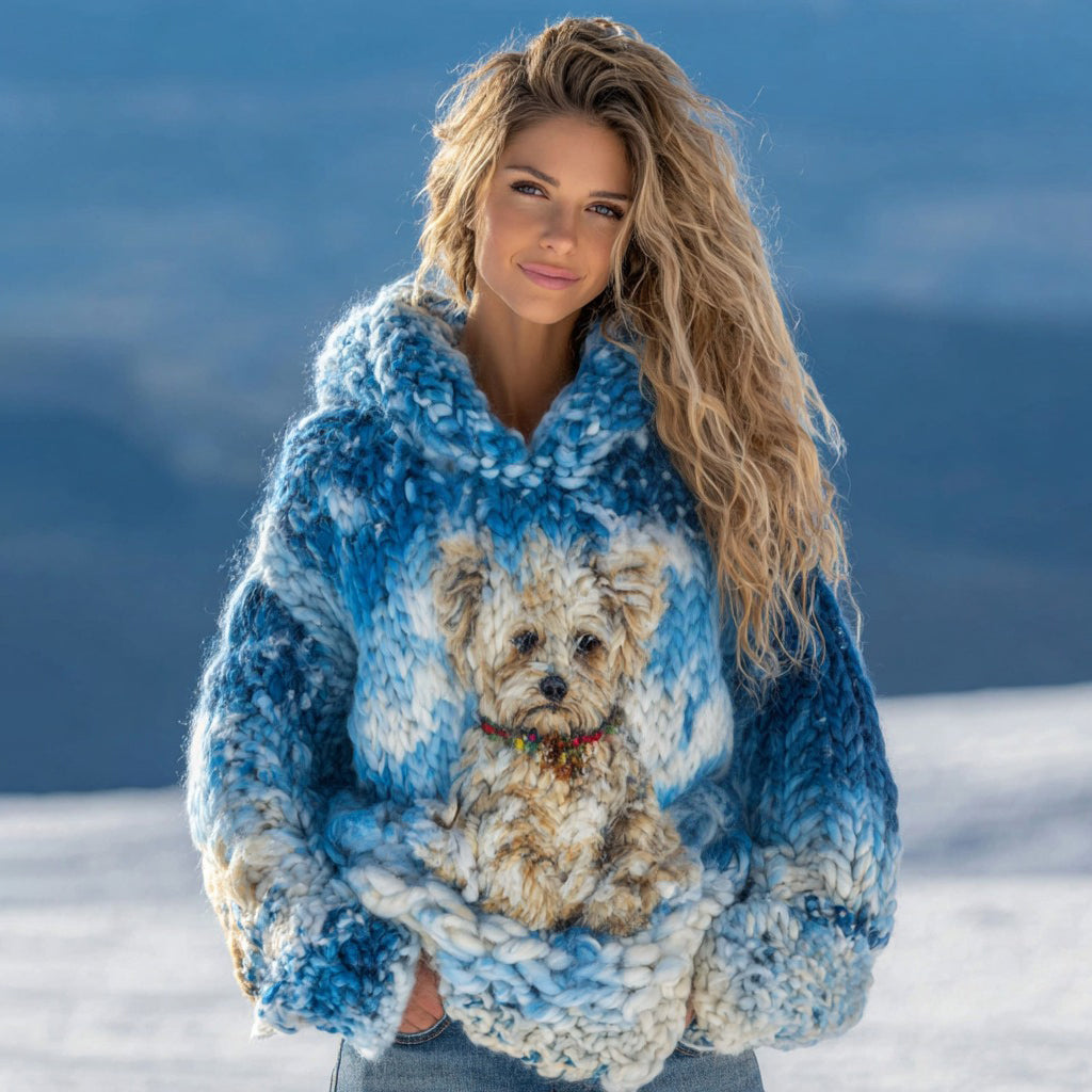 Comstylish Cute Plush Dog Knitted Ombre Warm Hooded Sweater