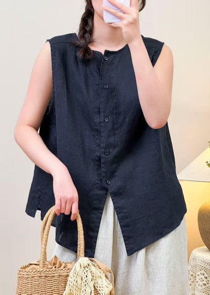 Simple Navy O Neck Button Linen Shirt Sleeveless