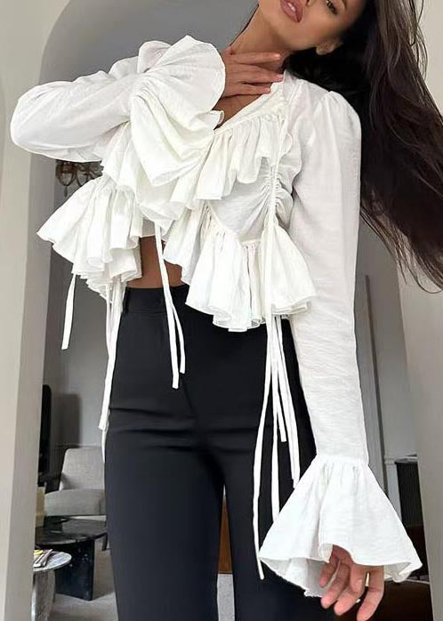 White Ruffles Cotton Shirts Flare Sleeve