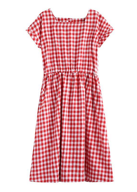 Handmade Square Collar Patchwork Cotton Linen Clothes for Shape Red Plaid Dress Summer