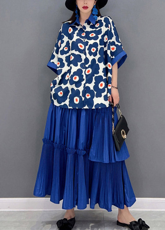 Italian Blue Peter Pan Collar Ruffled Patchwork Print Chiffon Shirts and Skirts Two Pieces Short Sleeve