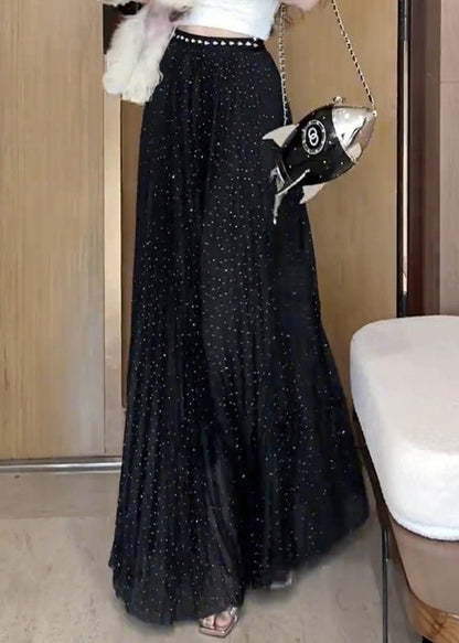 New Black Zircon Wrinkled Tulle Maxi Skirts Summer