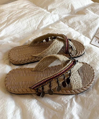 Knit Fabric Splicing Tassel Peep Toe Slide Sandals