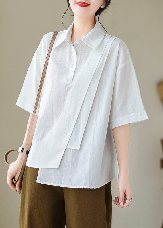 New White Asymmetrical Button Patchwork Cotton Shirt Summer